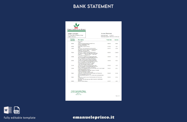 modello word di estratto conto bancario Marocco Credit Agricole in stile verific